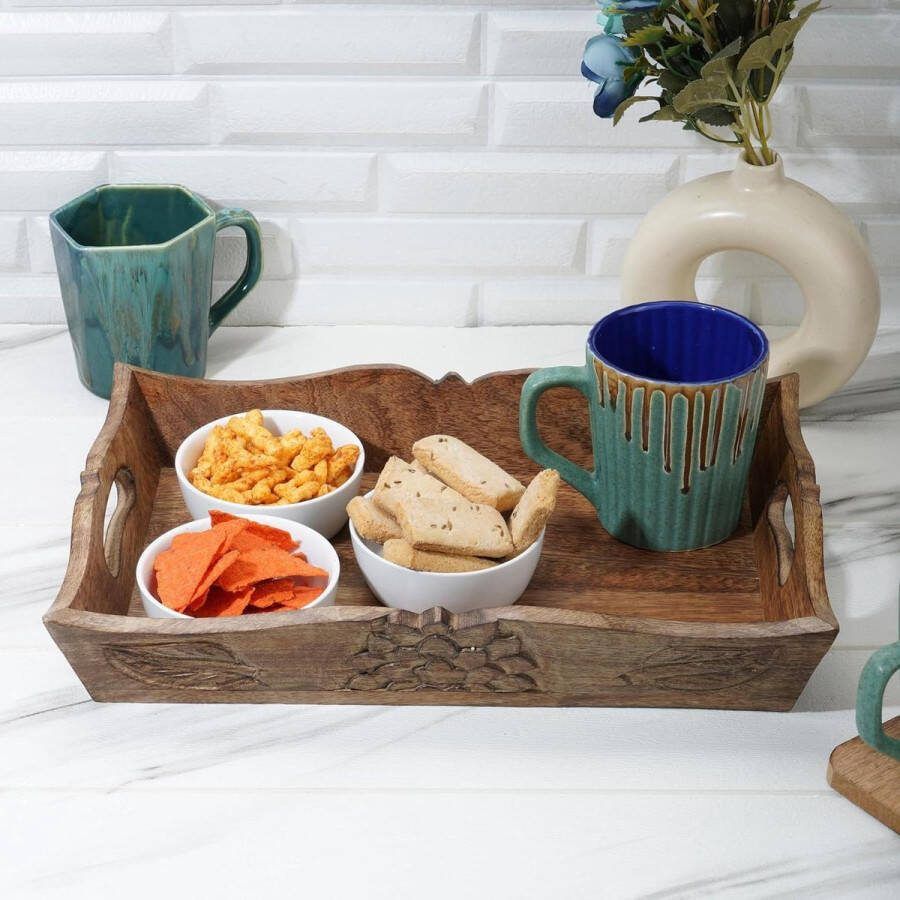 Decoratieve Handgesneden Bruin Houten Rechthoekig Dienblad Snacks Vruchten Thee Eetkamer Keuken Indoor Outdoor Beste Gift Idee 15 Inch