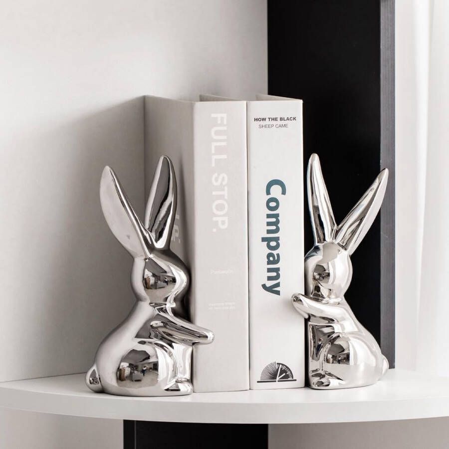 Decoratieve keramische boekuiteinden eigenzinnige konijnenboekensteunen konijntjesboekhouders stopper voor planken kunst boekensteun zilver