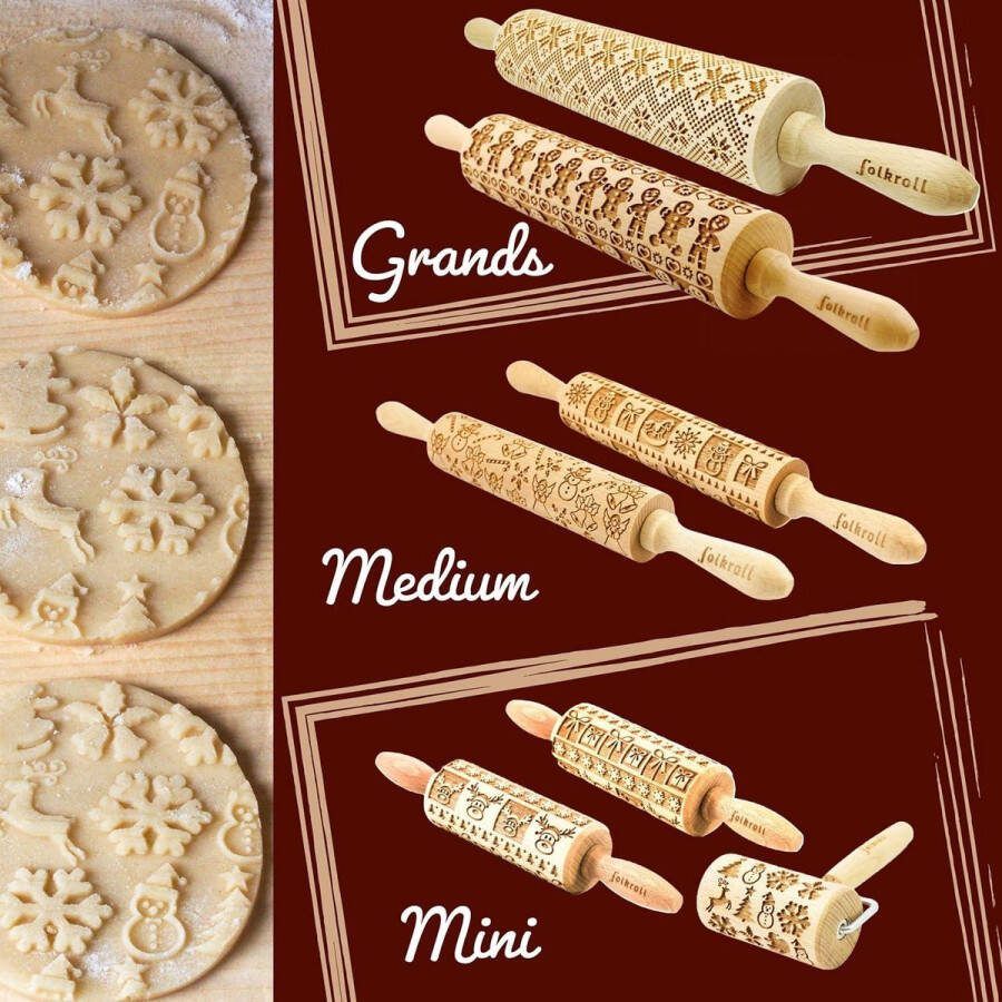 Decoratieve mini-deegroller met 2 handgrepen gravure motieven kerstcadeaus schommelpaard vlok sneeuwpop beukenhout 240 x 45 x 45 mm