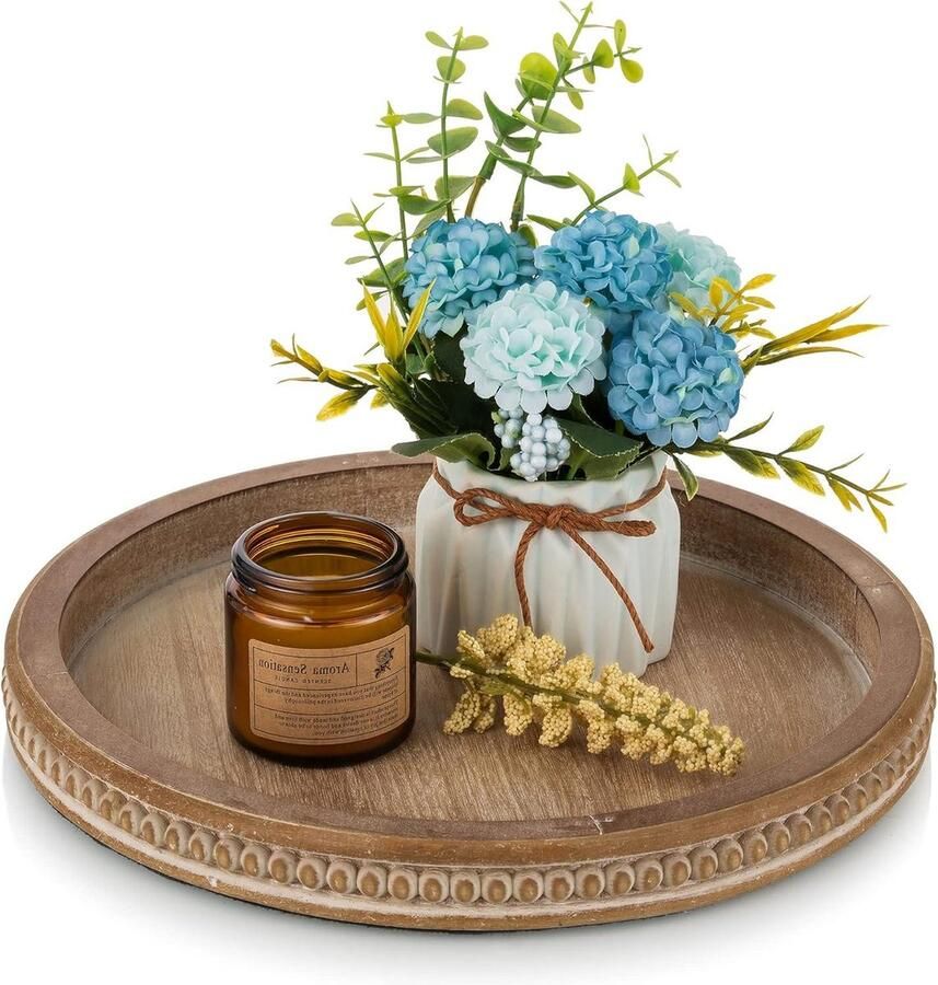 Decoratieve ronde houten lade met bruine kralen voor salontafel boerderij keuken vintage woonkamer rustieke houten dienbladen decor cirkel kaarsenhouder thuisaccent