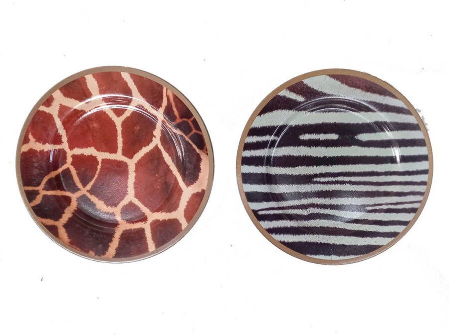 Decoratieve schaal -decoratiebord kaarsenplateau zebra en giraffe motief diameter 33 cm set van 2 stuks