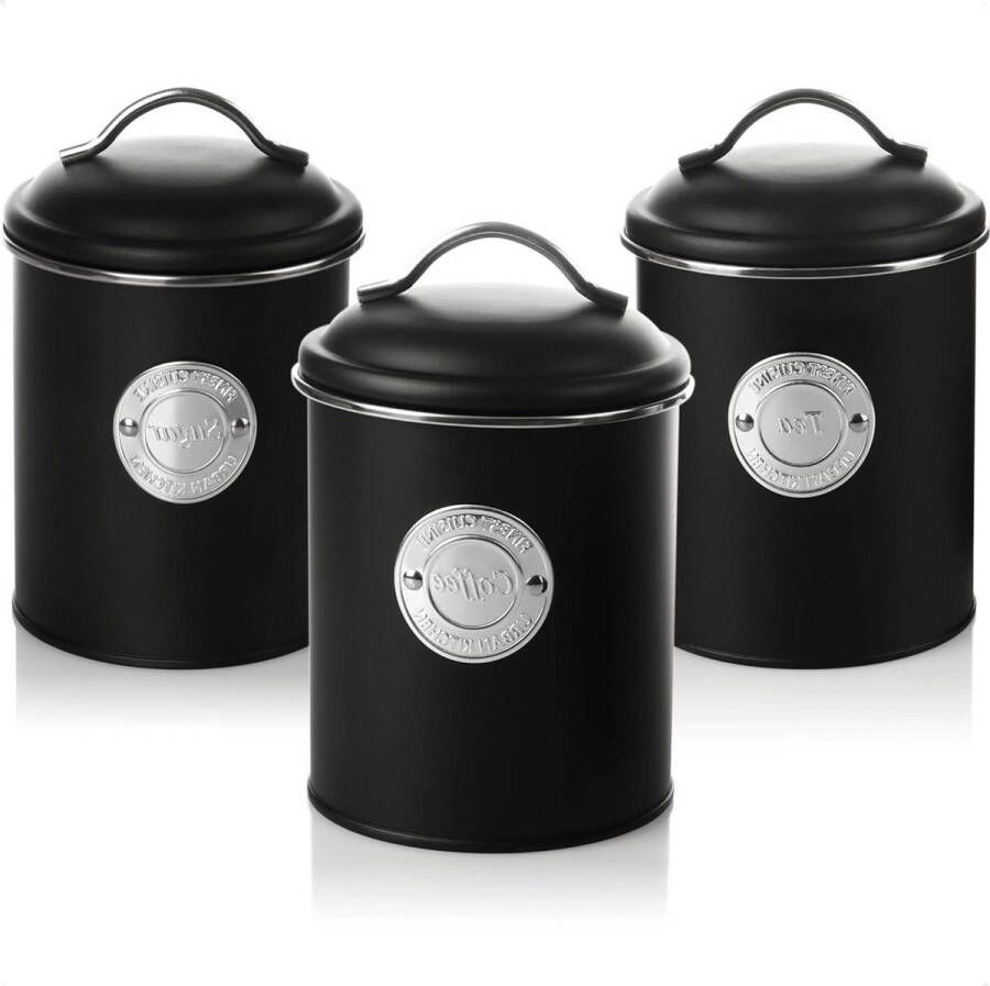 Decoratieve voorraadpotten 3 designs voorraadcontainer met deksel voor koffie thee cacao 3x koffiekan (zwart) Voorraadbussen