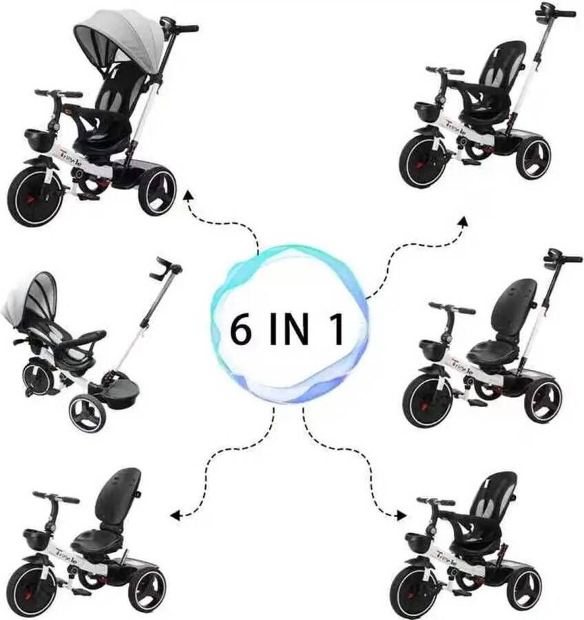 Decotopia 6 in 1 Driewieler Buggy Fiets Duwstang Zonnescherm Kinderzitje Zwart-Wit Draaibaar Zitje 9 Maanden Tot 4 Jaar