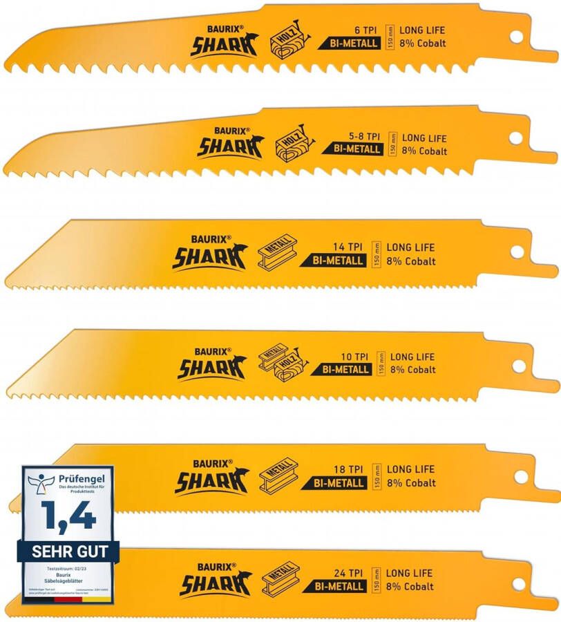 Decoupeerzaagbladen SHARK [6 Stuks] 150 mm 5 8 tot 24 TPI Reciprozaag voor snelle en zuivere zaagsneden Decoupeerzaagbladen voor spijkers metaal kunststof en hout