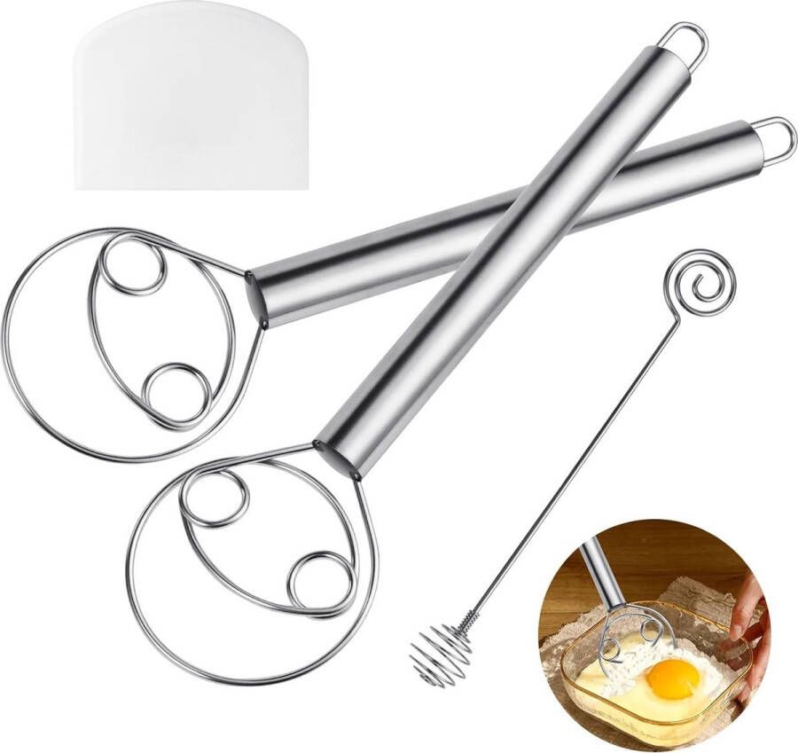 Deegbezem 4 stuks deegmixer roestvrij staal Deense garde met deegsnijder honingstokken keukenaccessoires voor brood deeg cake gebak en meer