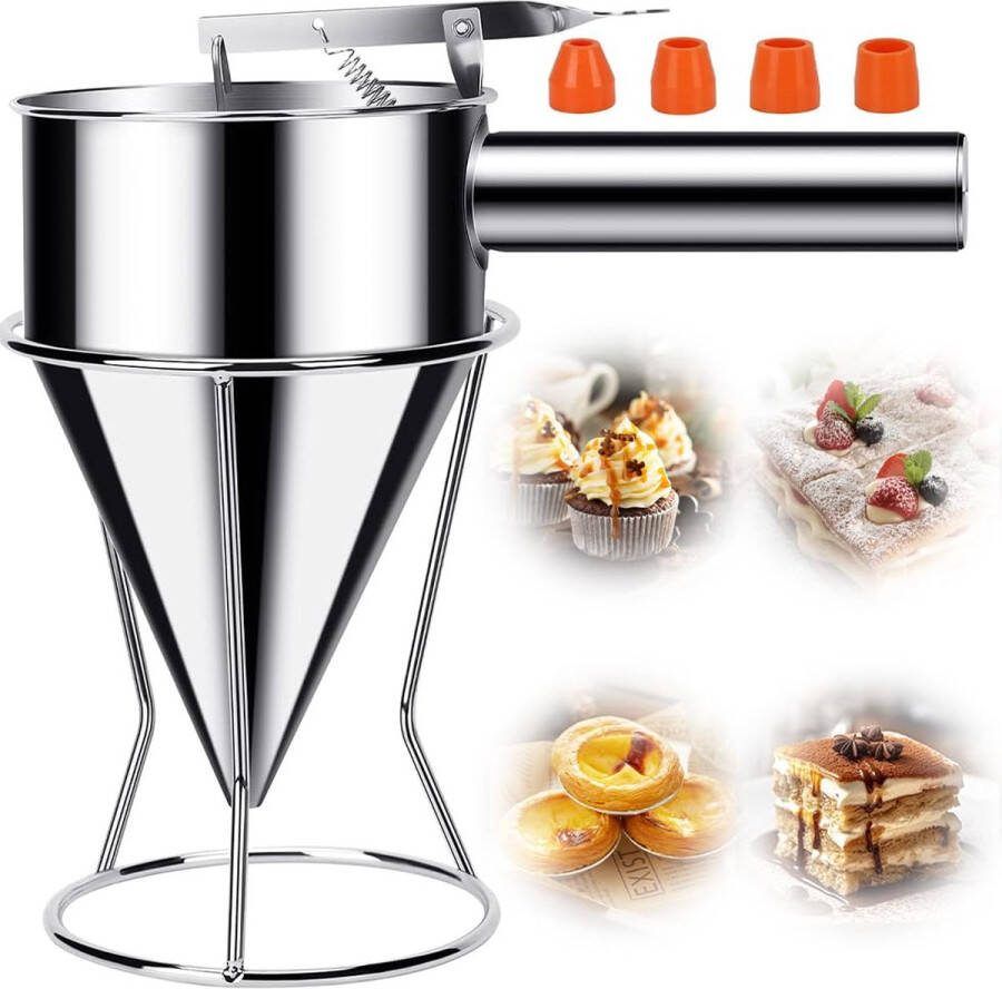 Deegdispenser 1200 ml roestvrijstalen baktrechter pannenkoeken deegportioneerder battrechter met 4 verschillende sproeiers slagroomdeeg portioneerder voor pannenkoeken muffins wafels