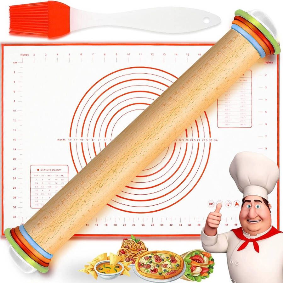 Deegrol anti-aanbak instelbare deegroller 43 5 x 6 9 x 6 9 cm houten deegroller voor fondant pizza koekjes alle andere deegwaren geschenkverpakking inclusief siliconen bakmat + bakkwast