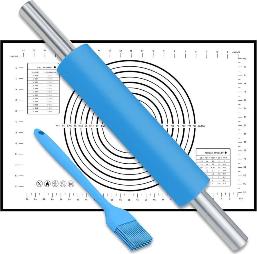 Deegroller met afstandhouder 43 cm groot siliconen gecoat anti-aanbakmat siliconen kwast bakaccessoires pizza fondant gebak deeg koekjes blauw