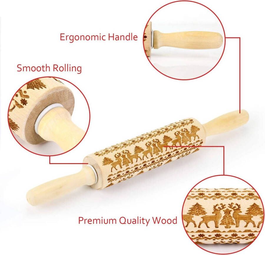 Deegroller met kerstpatroon – Decoratie deegroller – Deegroller met reliëf Koekjesstempel –Deegrollers voor Kerst koekjes bakken – Hout