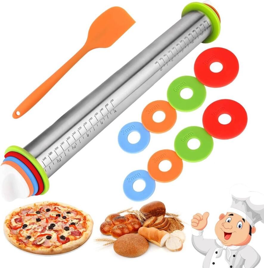 Deegroller roestvrijstalen deegroller met bakmat antiaanbakroller bakmat siliconen 62 x 40 cm roestvrijstalen deegroller met siliconen spatel voor het schrapen van room boter cakes