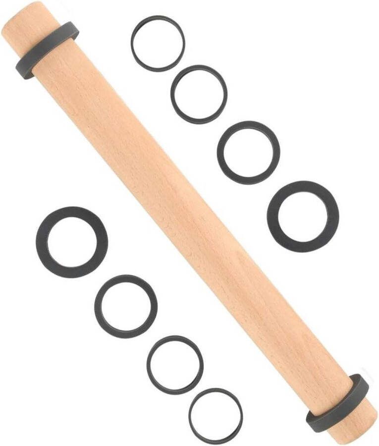 Deegroller van Beukenhout met Afneembare Siliconen Ringen voor Fondant Pizza Koekjes Deeg 40cm