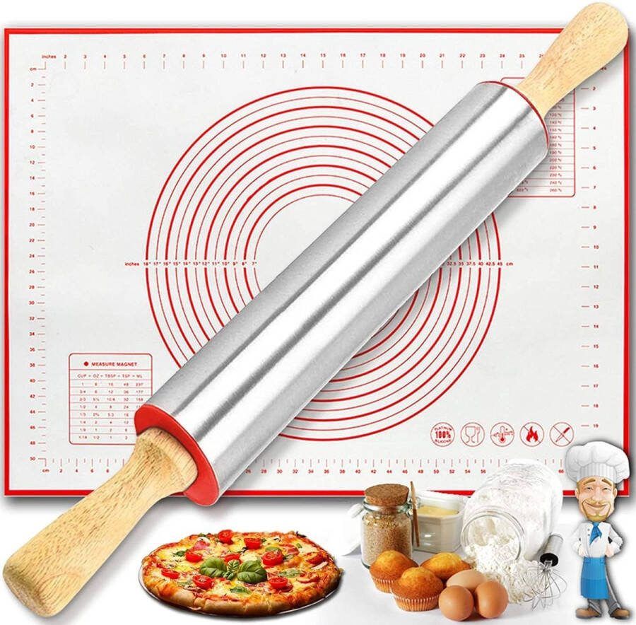 Deegroller van roestvrij staal 43 cm grote deegroller met houten handgrepen + bakmat siliconen met afmetingen anti-aanbak bakaccessoires voor bakken fondant pizza cake pasta en