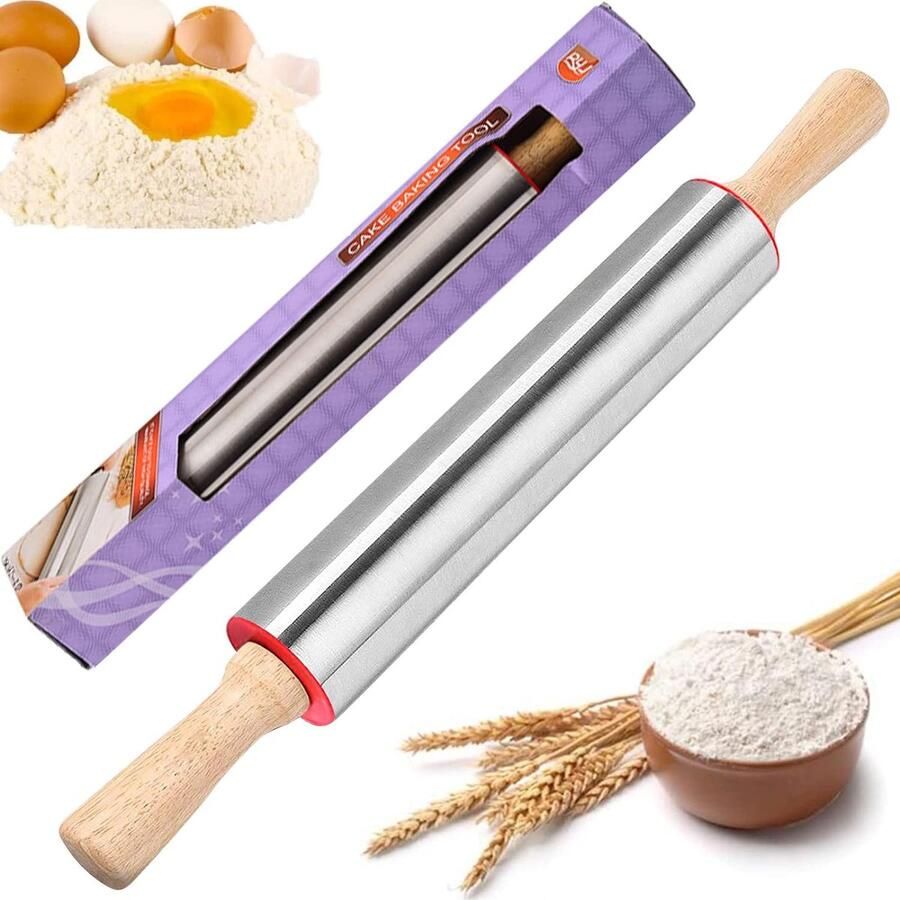 Deegroller van roestvrij staal met houten handgrepen anti-aanbak deegroller met houten handvat perfecte bakaccessoires rolling pin voor fondant pizza koekjes pastadeeg zanddeeg