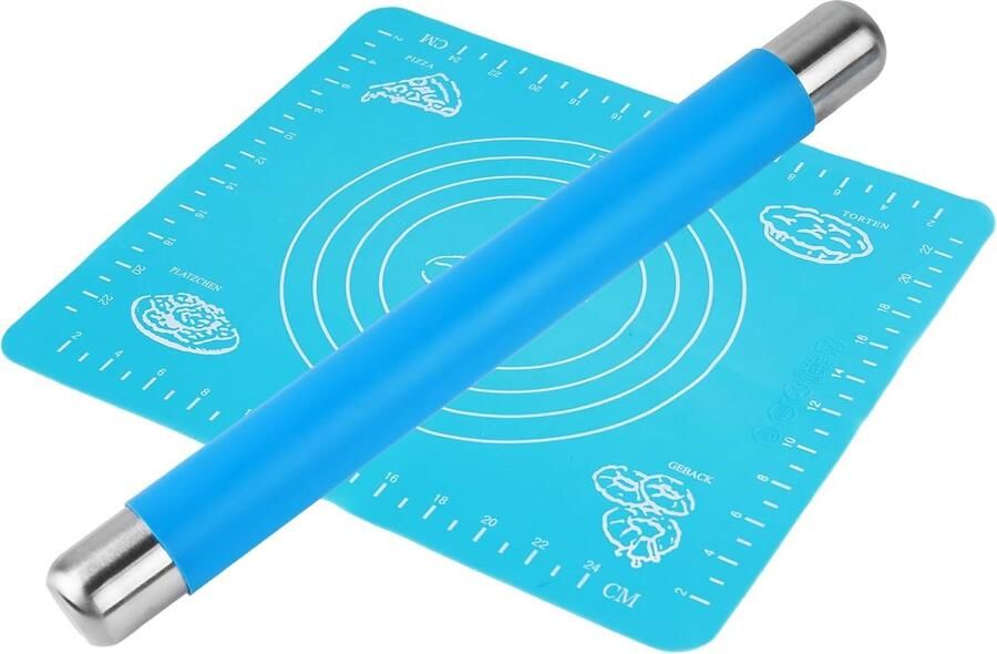 Deegroller van siliconen en roestvrij staal 35 cm deegroller en 29 cm bakmat deegroller met afstandhouder siliconen deegroller voor fondant pizza deeg cake deeg anti-aanbakwerking
