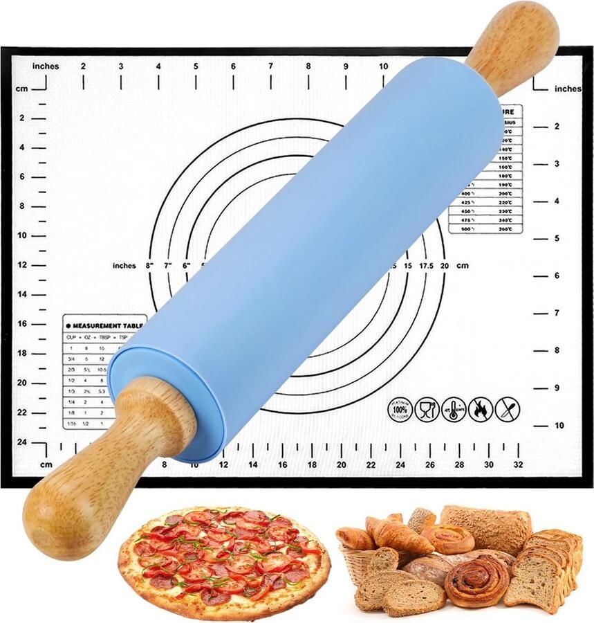 Deegroller van siliconen met bakmat groot 43 cm siliconen deegroller met houten handvat 60 cm x 40 cm siliconen mat met afmetingen antiaanbaklaag deegroller met bakmat voor deeg pizza