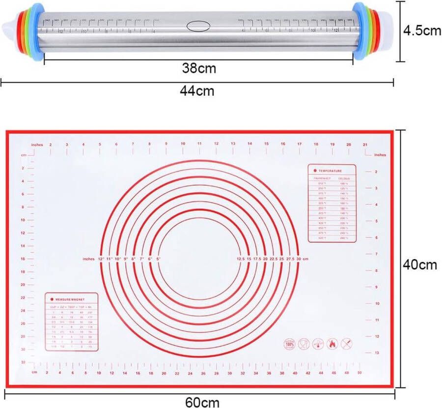 Deegroller verstelbare roestvrijstalen deegroller en siliconen bakmatten set 17 inch deegroller met verwijderbare geleideringen en meetschalen voor bakken pizza en koekjes