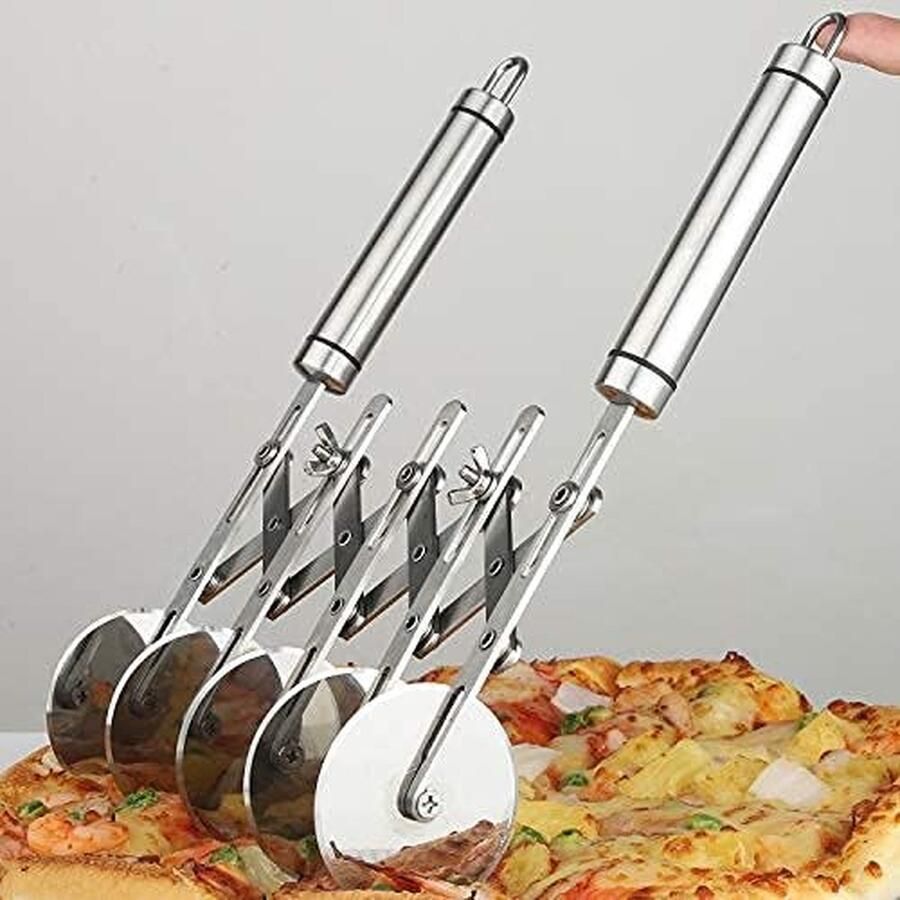 Deegsnijder met 5 wielen en handvat Roestvrijstalen dubbele snijder Verstelbare pizzasnijder Multi-ronde deegsnijder (zilver)