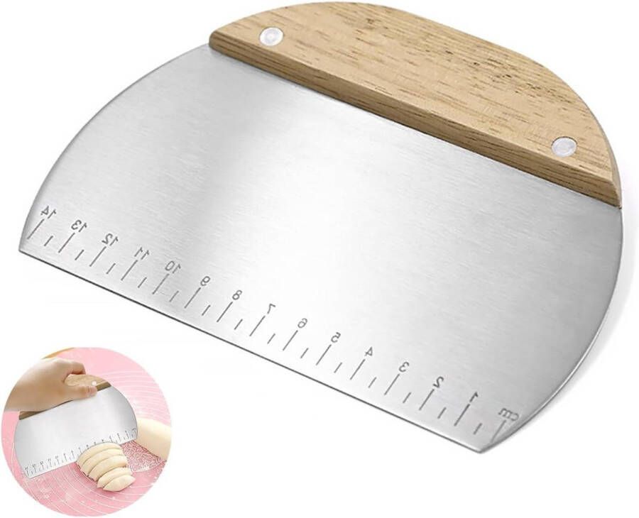 Deegsnijder van voedselveilig roestvrij staal met houten handvat multifunctionele taartbrood-pizzasnijder met meetschaal pizzasnijder