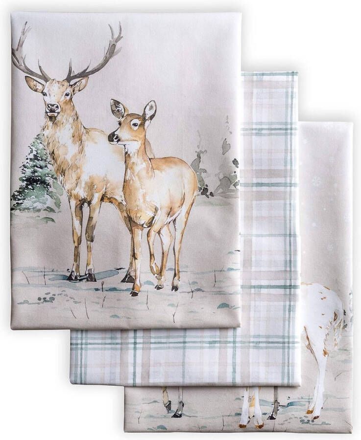 Deer in The Woods 100% katoenen set van 3 multifunctionele keukenhanddoeken staafhanddoeken Thanksgiving Kerstmis (50cm X 70cm)
