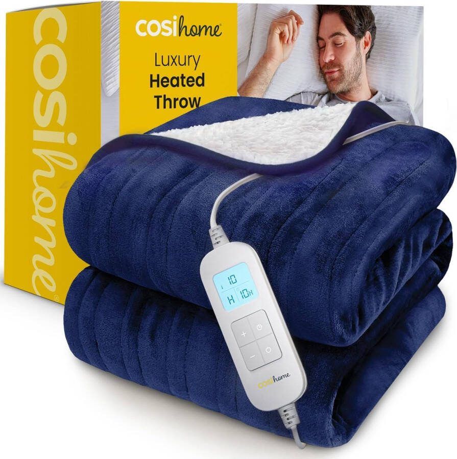 Wasbare Elektrisch Deken 180x130cm Oververhittingsbeveiling & Afstandsbediening Fleece Warmtedeken 2 Persoons Bovendeken Incl. Timer & 10 Temperatuurstanden Blauw