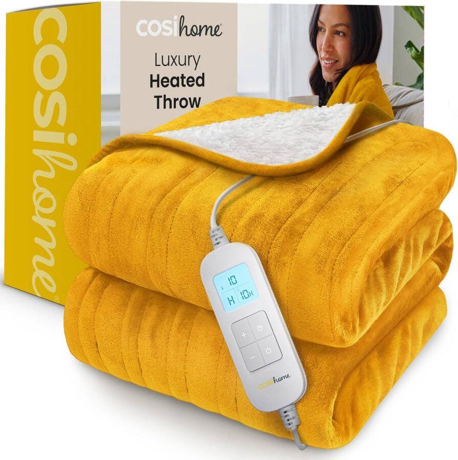 Wasbare Elektrisch Deken 180x130cm Oververhittingsbeveiling & Afstandsbediening Fleece Warmtedeken 2 Persoons Bovendeken Incl. Timer & 10 Temperatuurstanden Geel