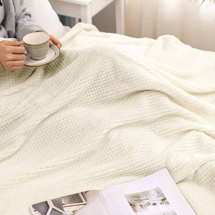 Deken granulaat fleecedeken flanellen deken zacht wollig eenkleurig woondeken bankdeken deken voor bed bank slaapkamer kantoor 125 x 150 cm crèmewit