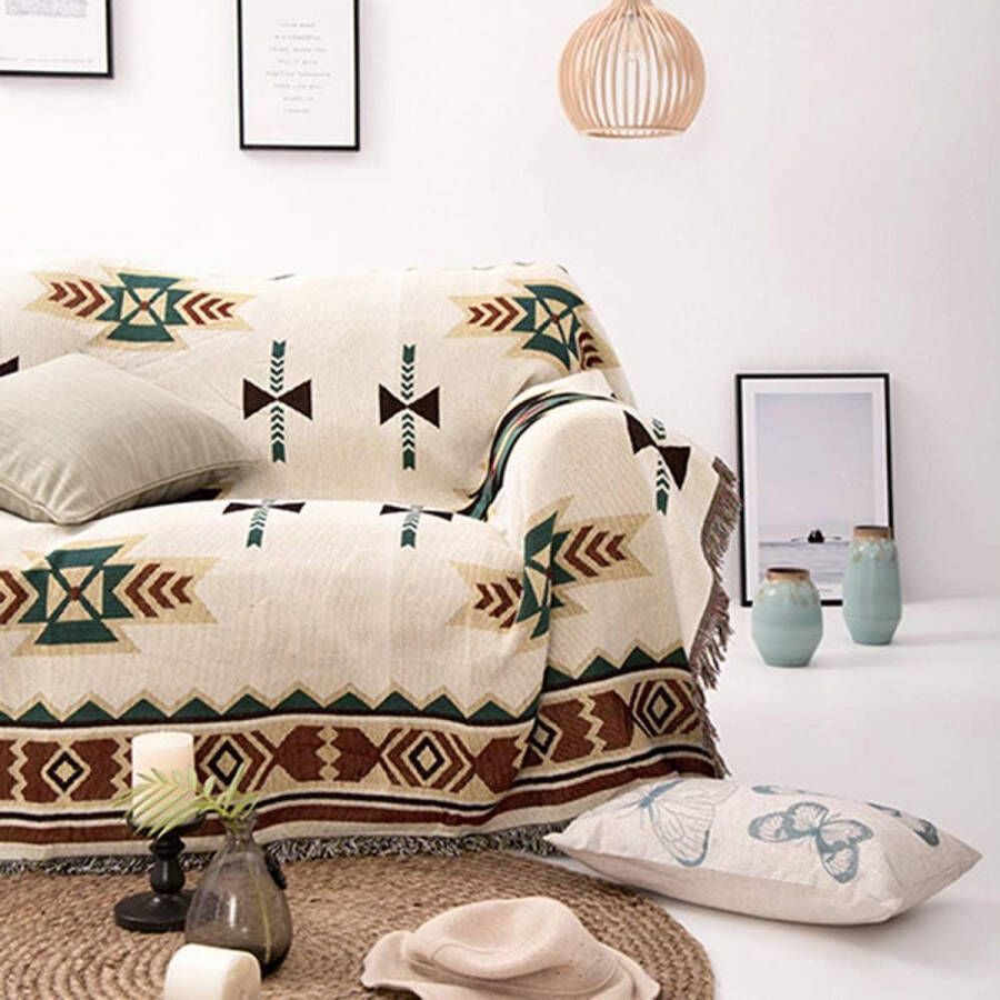 Deken omkeerbare deken 180 x 230 cm zomerdeken boho katoen beige ideaal voor bank tapijt fauteuil spreien tafelkleden