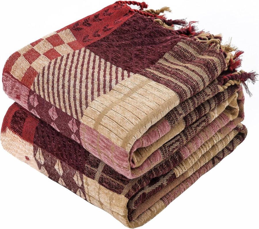 Deken patroon patchwork dubbelzijdig sprei met franjes boho sprei 220 x 260 cm rood mooie en knuffelzachte tv-deken bankdeken fauteuildeken omkeerbare deken bedsprei