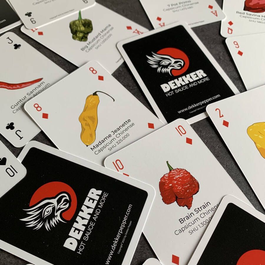 Dekker Pepper Poker speelkaarten 55 unieke kaarten met chilipepers chili chilli heet pepers pittig