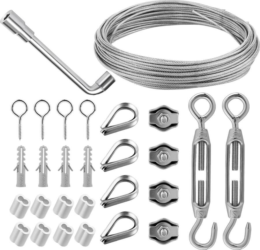 Delamiya 15 m 2 mm staalkabel roestvrij staal 304 roestvrij stalen staalstaaldraad spandraadset staalkabel ommanteld met oogjes spanslot voor string light suspension waslijn gordijntouw