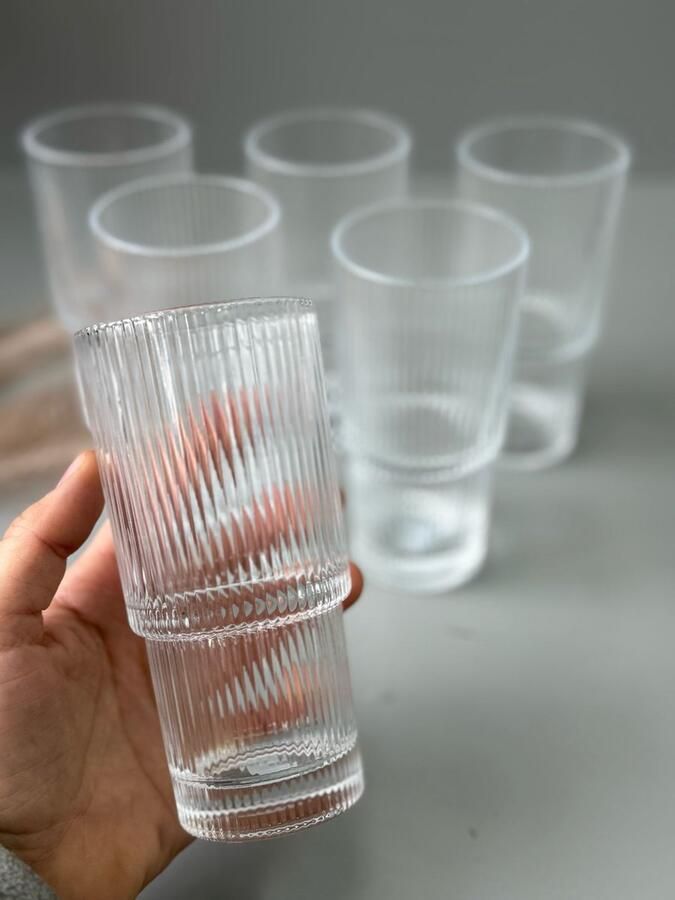 Deli Glass – Geribbelde Longdrinkglas- Ripple Riffle Glas – 293 ml – Set van 6 – Stapelbaar
