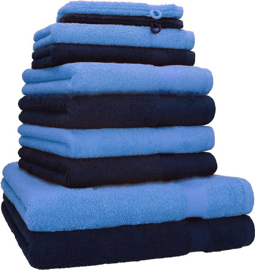 Delige handdoekenset premium 100% katoen 2 douchehanddoeken 4 handdoeken 2 gastendoekjes 2 washandjes kleur donkerblauw & lichtblauw