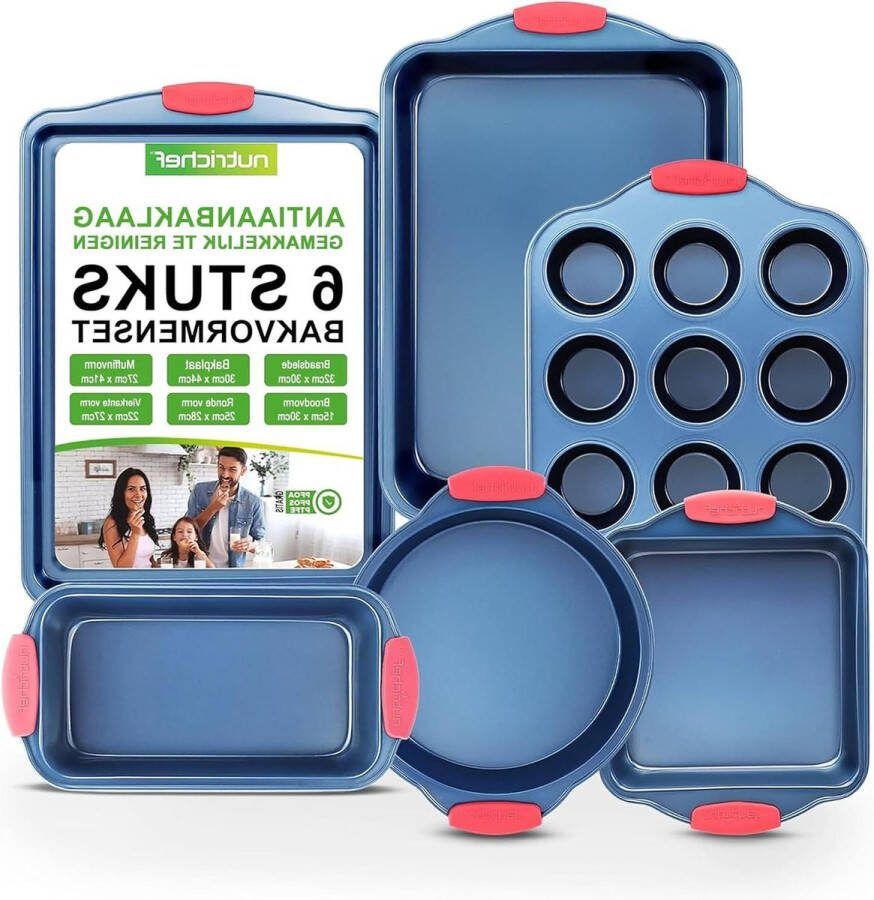 Deluxe Antiaanbak Blauwe Coating Bakvormen 6-delige Set Koolstofstalen Binnen- en Buitenkant Rode Siliconen Handgrepen Duurzaam & Betrouwbaar Koek- & Muffinplaat Ovenplaat