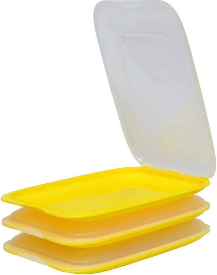 Design 3X vershouddozen stapelbaar in de kleur geel geschikt voor vleeswaren zoals worst en kaas en nog veel meer in de afmetingen 25 x 17 x 3 cm