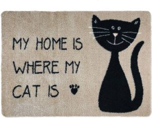 Designer deurmat kat voor de huisdeur hal binnen en buiten vloermatten antislip en wasbaar praktische vuilvangmat – voetenveger beige zwart 50 x 70 cm