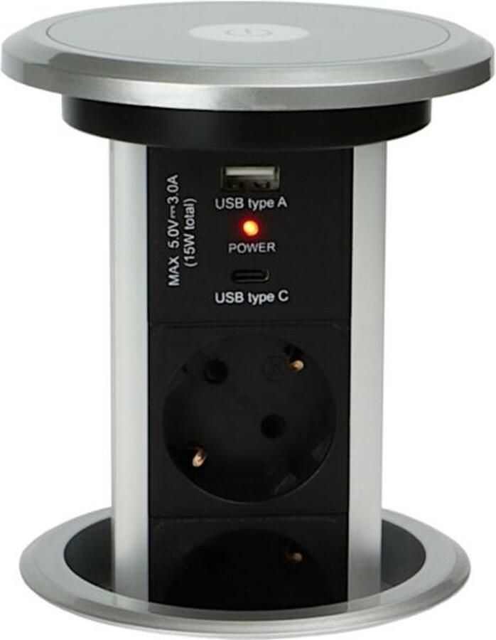 DesignLight LIFTBOX Stekkerdoos Automatisch Pop up stekkerblok met 3 stopcontacten en met USB A en C Inbouw verdeelstekker voor Keuken Kantoor -Aluminium