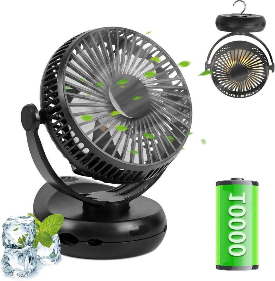 Desk Fan 10.000 mAh Batterij 4-speed 360° Rotatie Gordijn Clip USB LED-licht Zwart