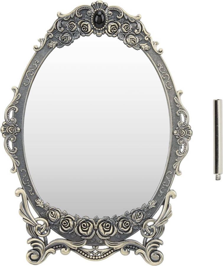 Desktop Make-up Spiegel Antieke Vintage Tafelblad Make-up Spiegel Reliëf Holle Bloem Glanzende Voetstuk Make-up Spiegel voor Draagbare Make-up Helpen met Koperen Afwerking
