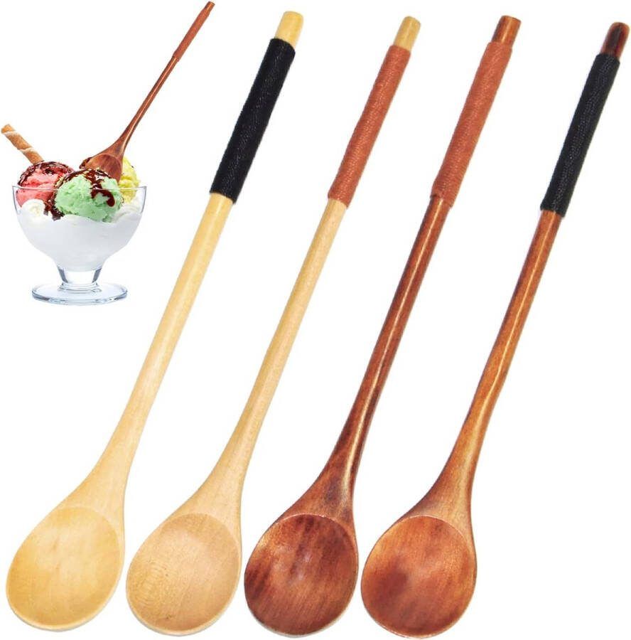 Dessert Lepels 4 STKS Multifunctionele Lange Handvat Theelepels Natuurlijke Houten Lepel Koffie Lepel Voor Ijs Thee Honing Zout Soep Mixing Lepel Keuken Accessoires