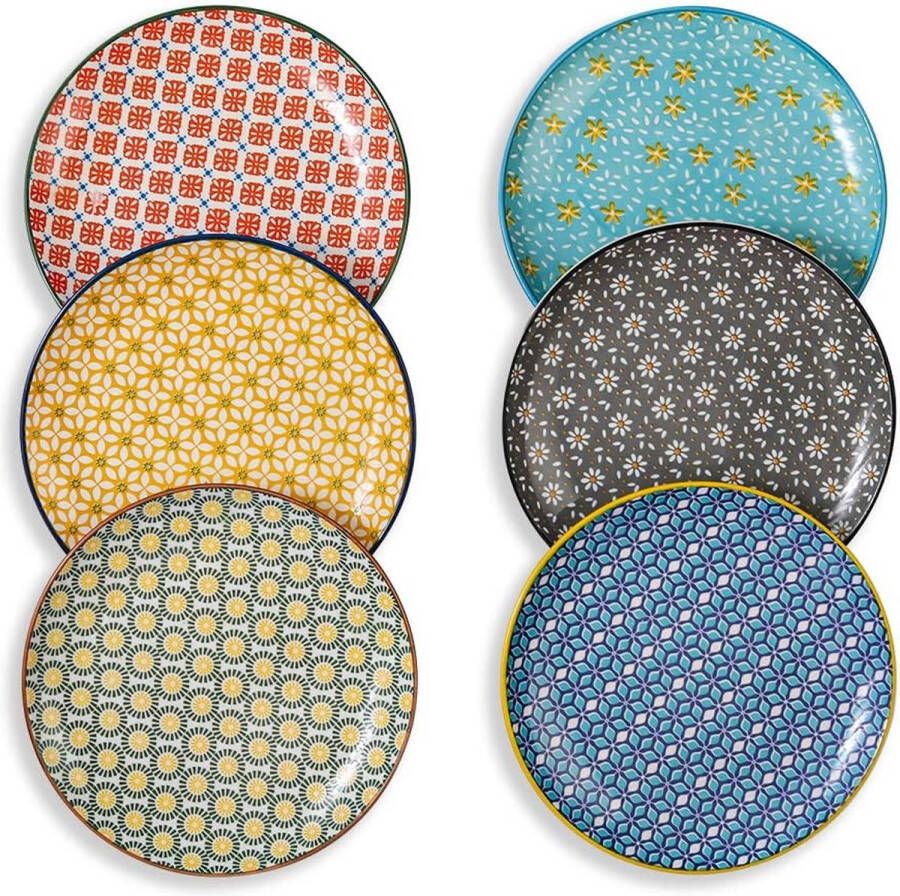 Dessertborden porseleinen borden kleurrijk ontbijtborden platte saladeborden taartborden kleurrijk keramiek 6 stuks bordenset voor dessert salade ontbijt magnetron- en vaatwasmachinebestendig 20 cm