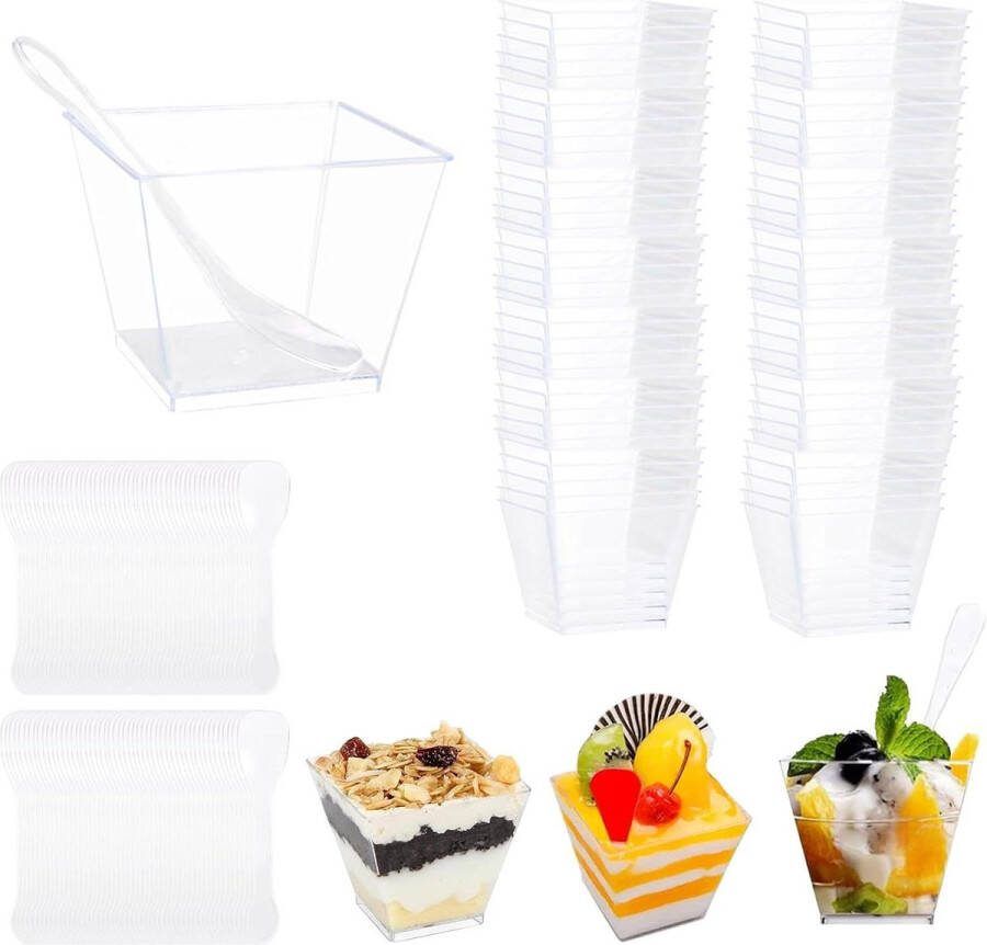 Dessertglazen plastic 115 ml 100 stuks inclusief soeplepels transparante herbruikbare dessertkom voor pudding ijs dessert feest verjaardag
