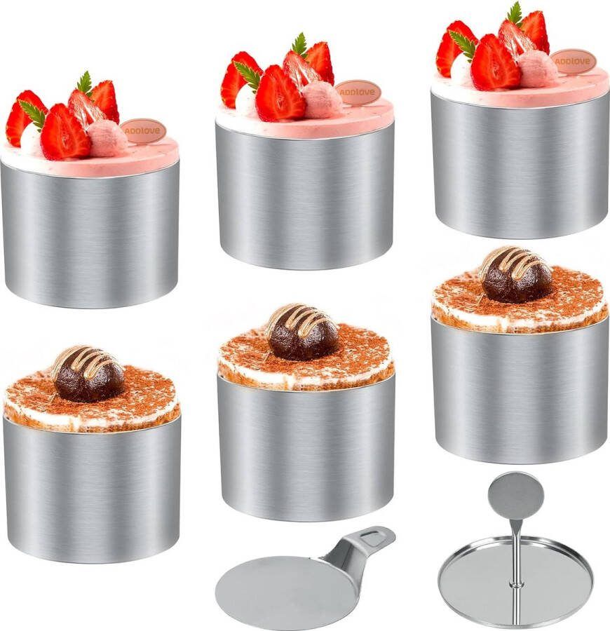 Dessertringen en dinerringen kleine ringenset 8-delig mini-taartringvormen roestvrijstalen mousse-ringen 7 5 cm ronde mousse-ring 8 ringen 1 lifter 1 stempel voor het bakken van