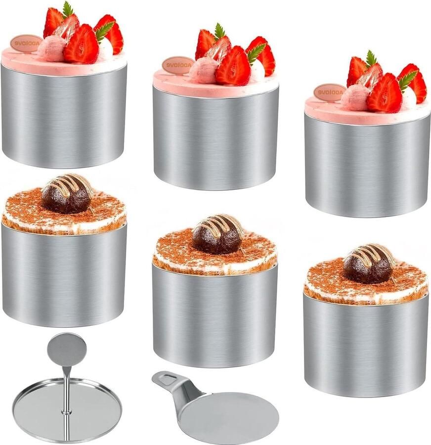 Dessertringen en dinerringen set van 6 bakring levensmiddelring mousse-ringen roestvrij staal serveerringen taartring met lifter stamper Ø