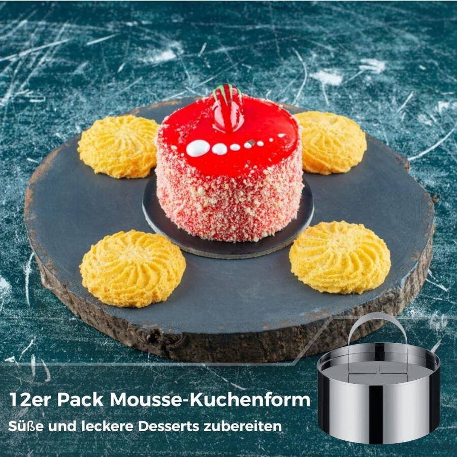 Dessertringen en etensringen 12 stuks roestvrij staal kleine taartringen 7.5 cm dessertvormen koken pannenkoeken koekjes pusher taartring taartvorm Cake ring