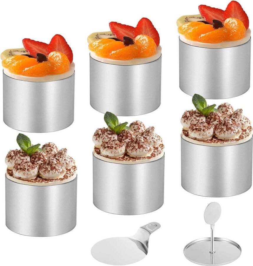 Dessertringen en voedselringen roestvrij staal set van 6 mousse-ringen met lifter en stamper taartringvormen bakring voor mousses desserts cake DIY Ø 7 5 cm
