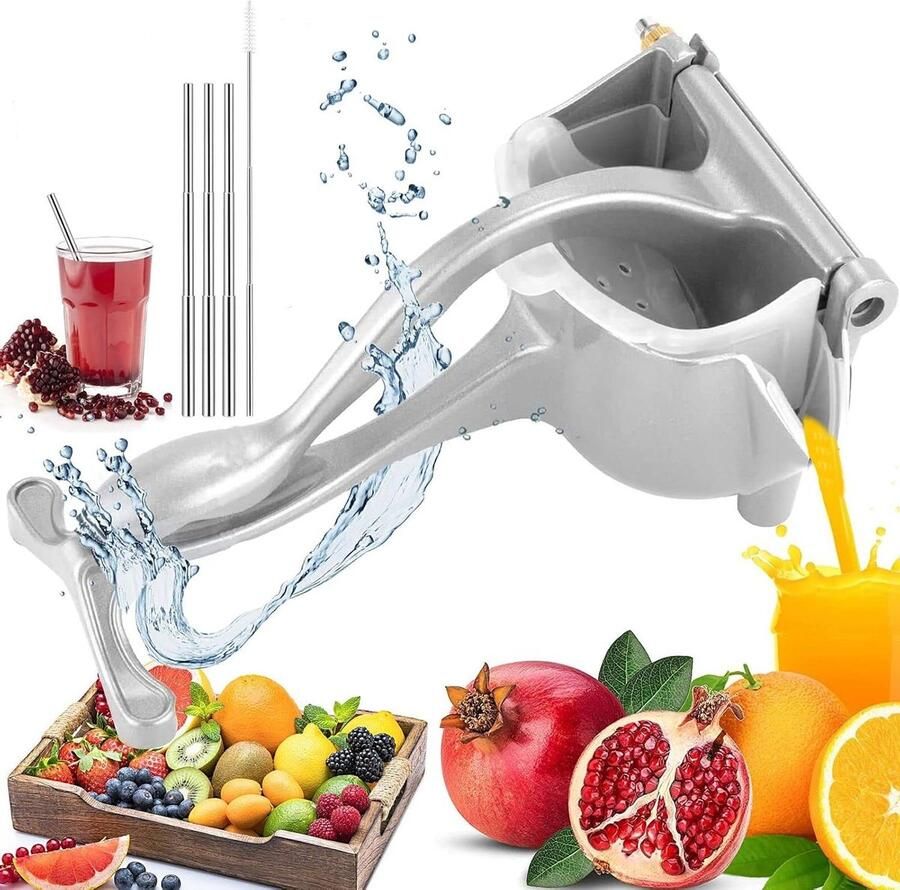 Detachable manual aluminum alloy citrus juicer with three retractable stainless steel straws and cleaning brush for juicing various fruits