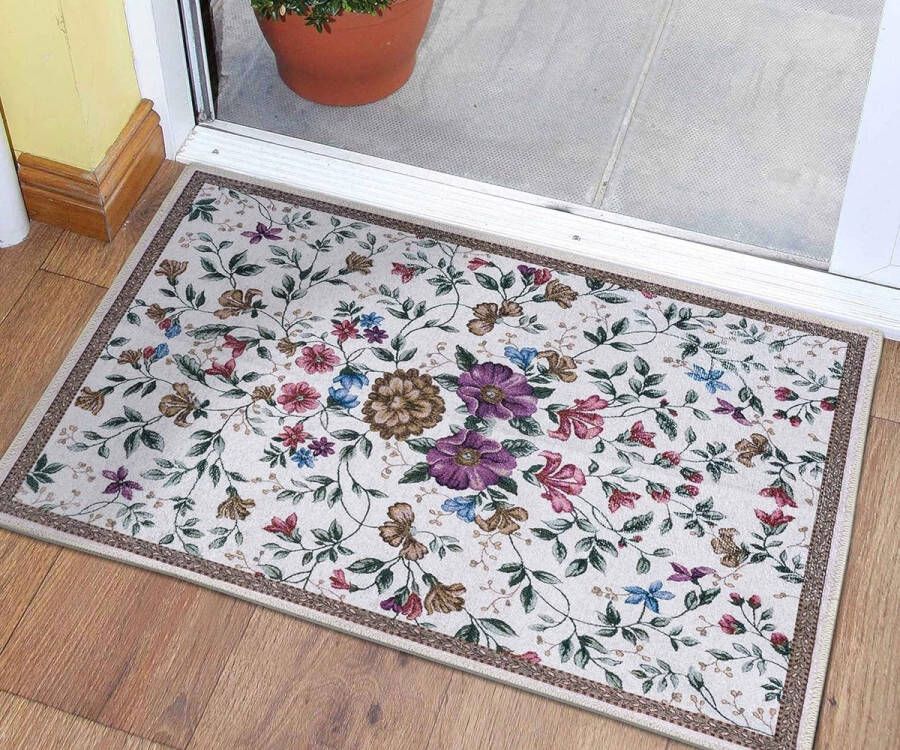 Deurmat binnen wasbare voetmat van binnen kleurrijk antislip deurmat voor huisdeur bloementapijten klein-beige 50 x 80 cm