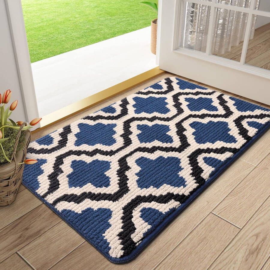 Deurmat voor binnen 50 x 80 cm machinewasbare voetmat antislip vuilvangmat deurmat met waterabsorberende mat voor hond entree huisdeur hal blauw