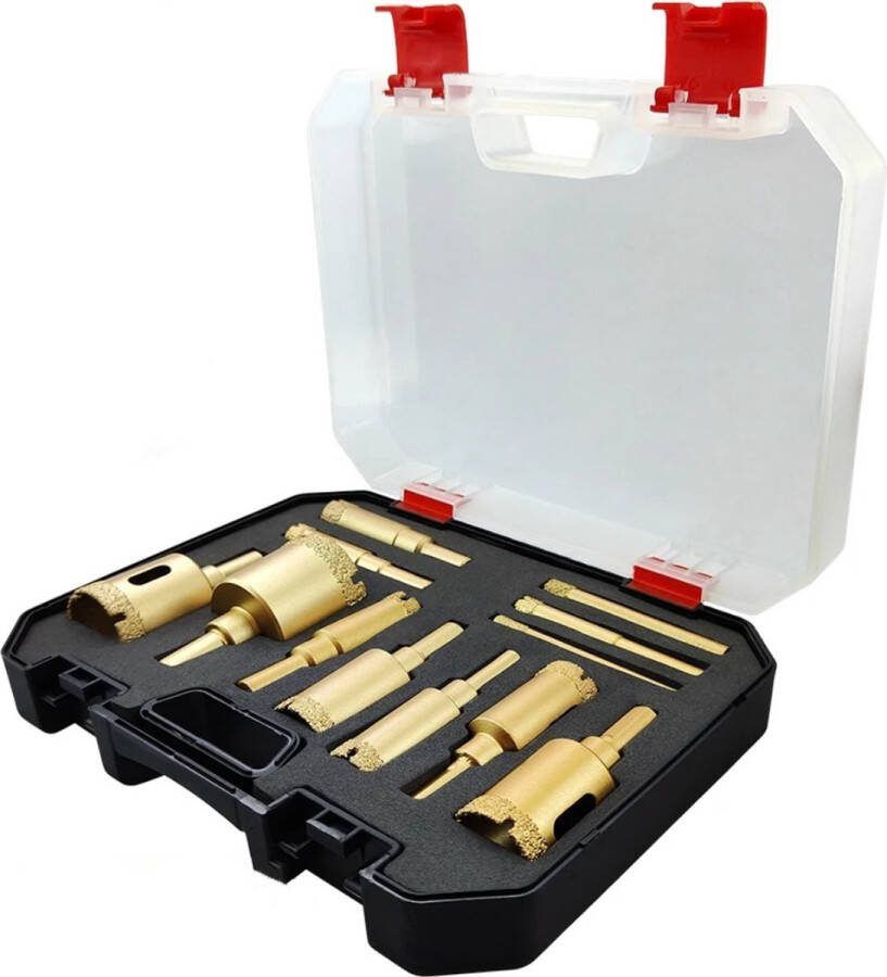 Diamantboor Tegelboor Glasboor Boorset Diamantboren set Boren Dozenboor Gatenzaagset Gatenboor set Tegelboren set 12 delig ø 6 8 10 12 14 16 18 20 22 25 30 35mm Goud