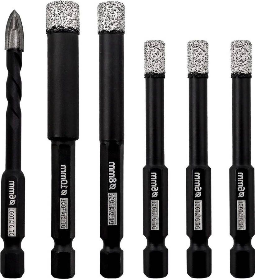 Diamantboren Set voor Droog Boren Porselein Keramiek Graniet Marmer Metselwerk Steen Tegel Gatzaag 1 4 Inch 5 16 Inch 3 8 Inch 6 6 6 6 8 10mm 6-Pack
